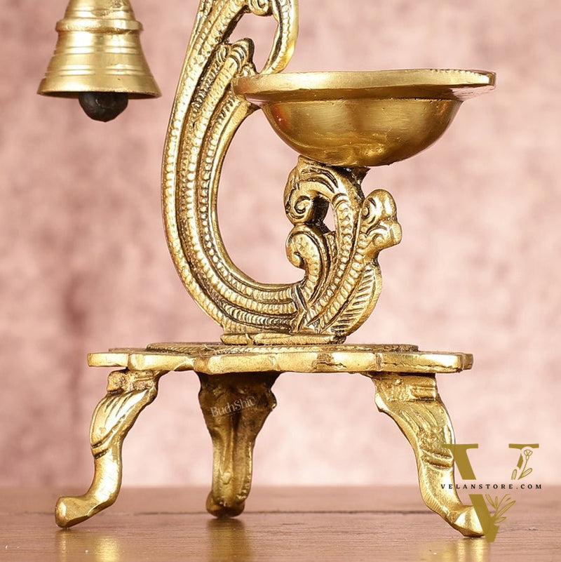 Brass parrot lamp with bell enhanced carvings