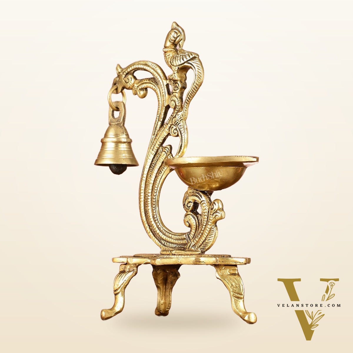 Brass parrot lamp with bell enhanced carvings