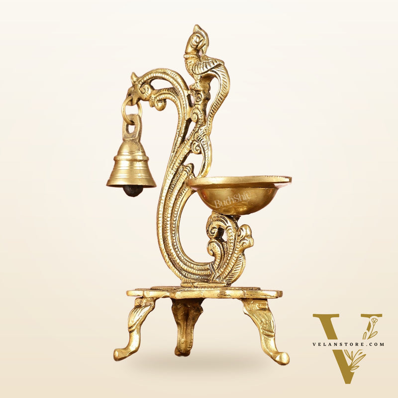 Brass parrot lamp with bell enhanced carvings