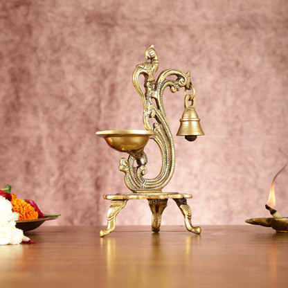Brass parrot lamp with bell enhanced carvings