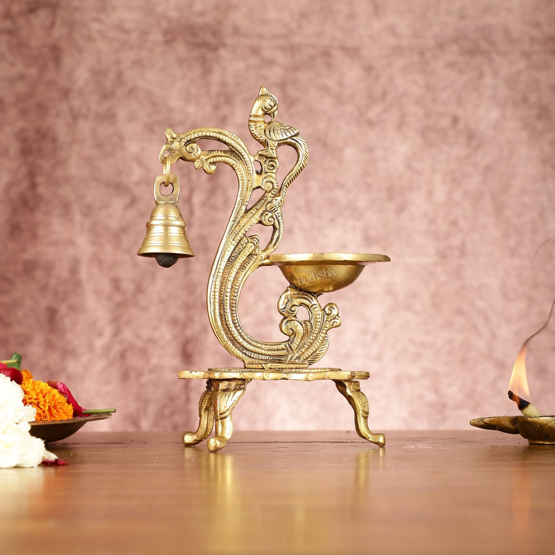 Brass parrot lamp with bell enhanced carvings