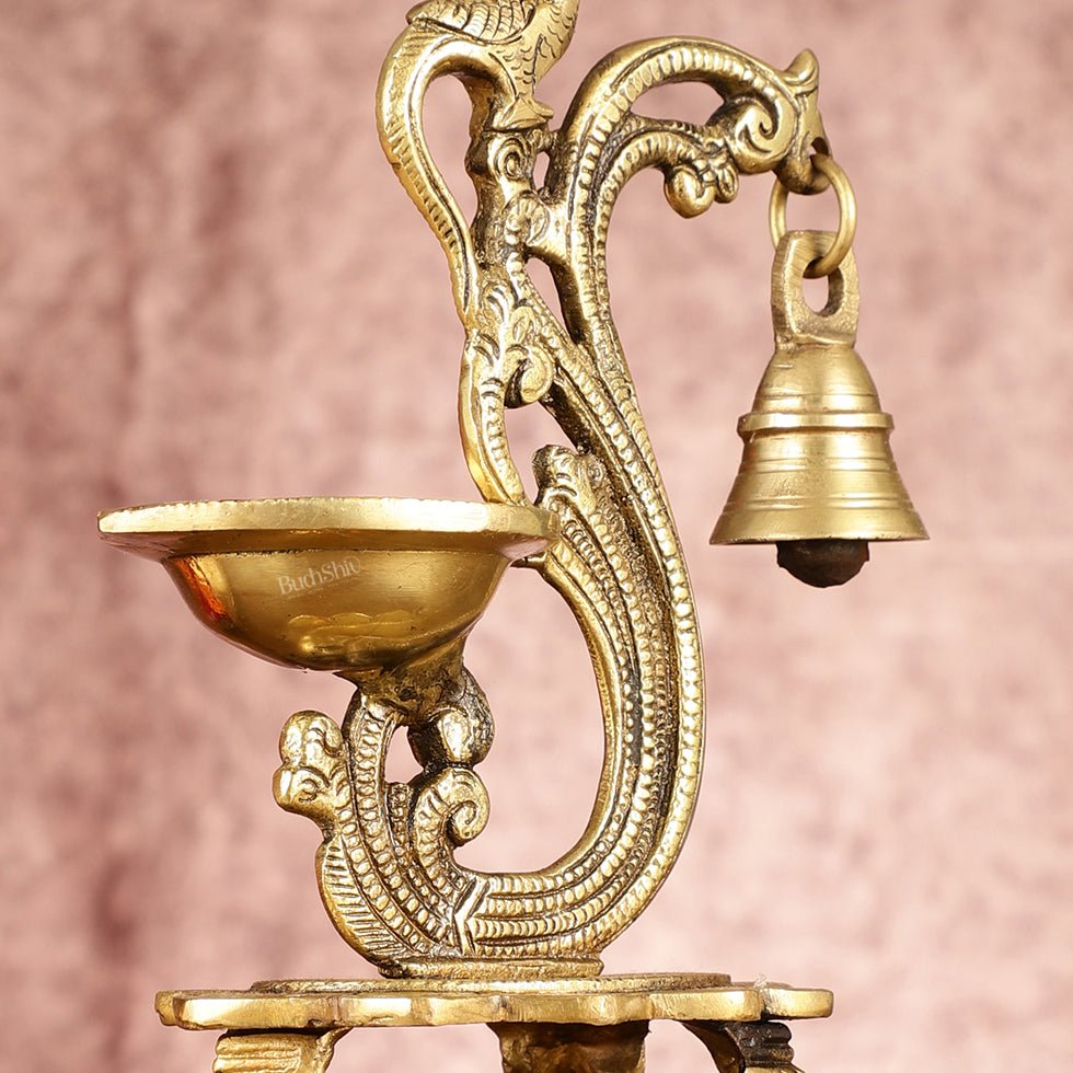 Brass parrot lamp with bell enhanced carvings
