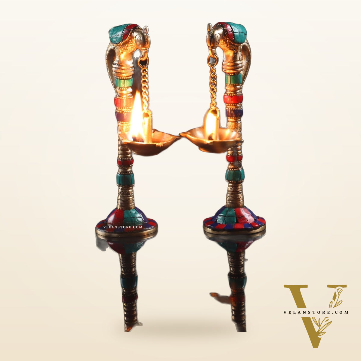 Brass Parrot lamps with stonework 7"
