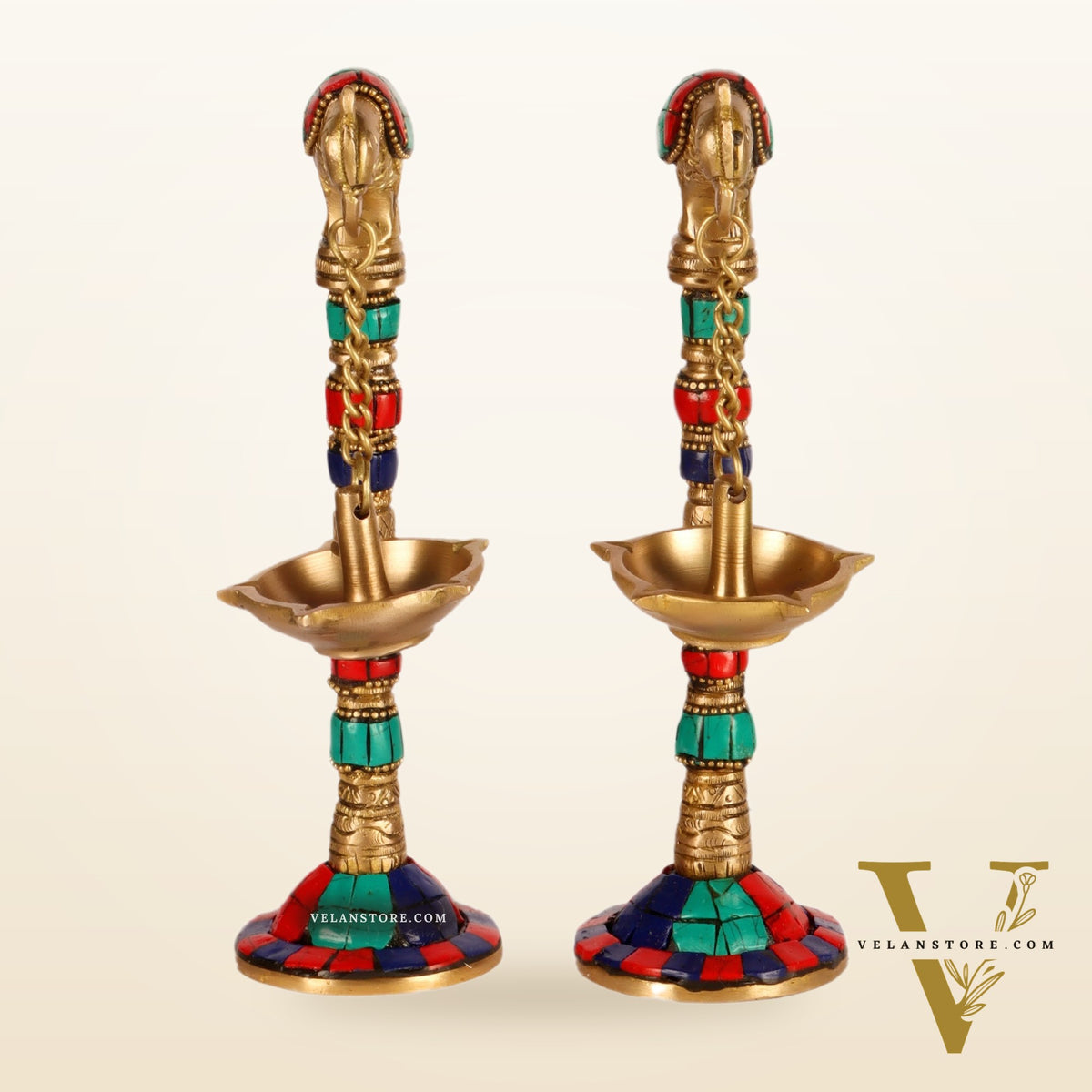Brass Parrot lamps with stonework 7"