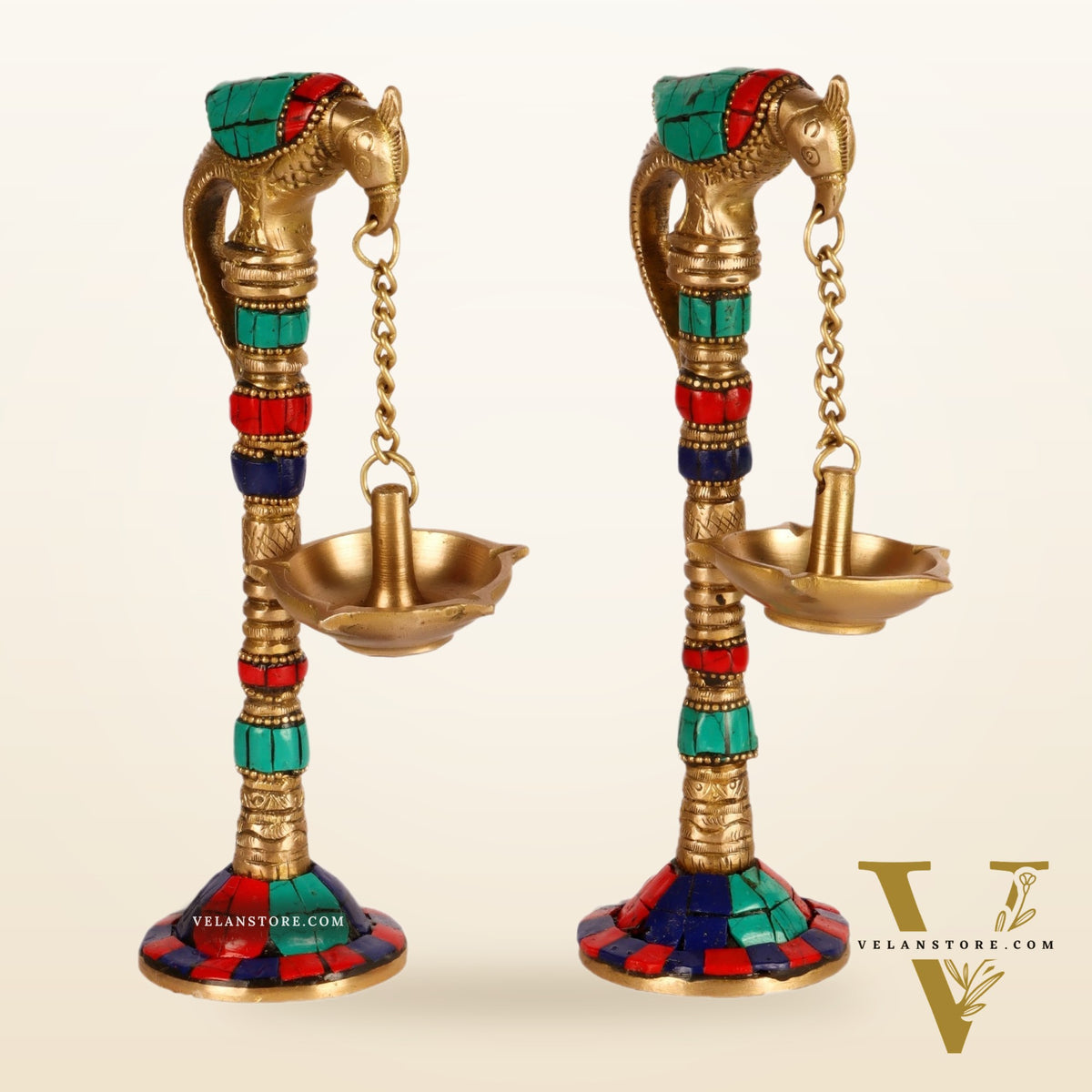 Brass Parrot lamps with stonework 7"