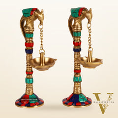 Brass Parrot lamps with stonework 7"