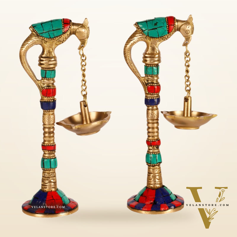 Brass Parrot lamps with stonework 7"