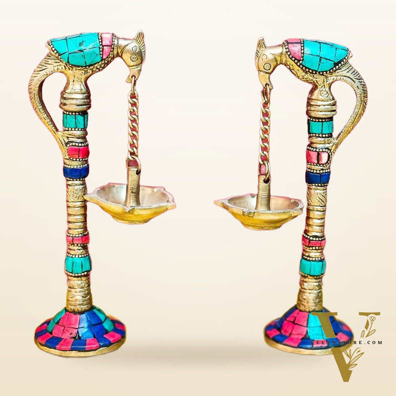Brass Parrot lamps with stonework 7"