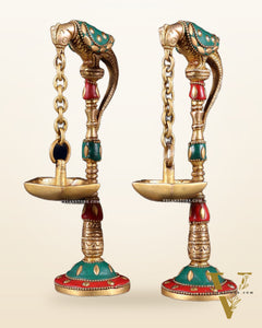 Brass Parrot lamps with stonework 7"