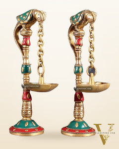 Brass Parrot lamps with stonework 7"