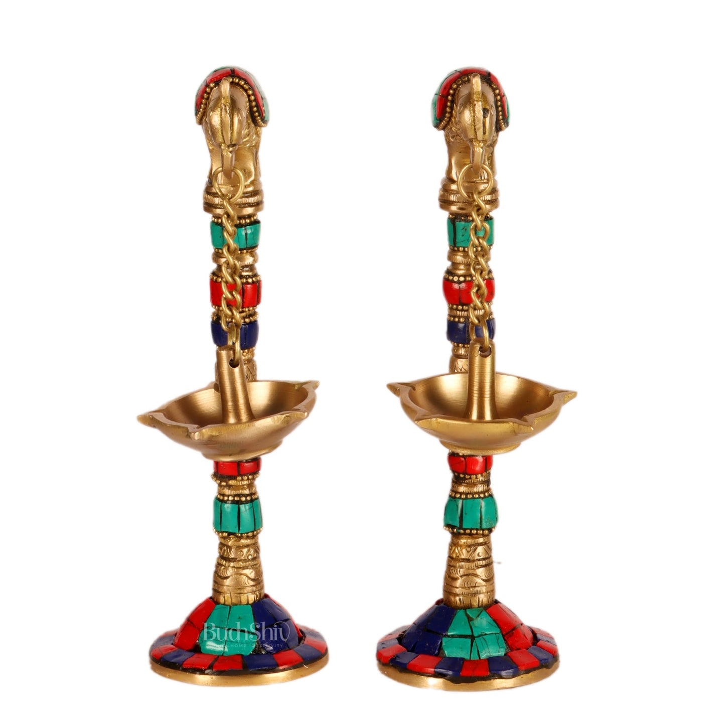 Brass Parrot lamps with stonework 7"