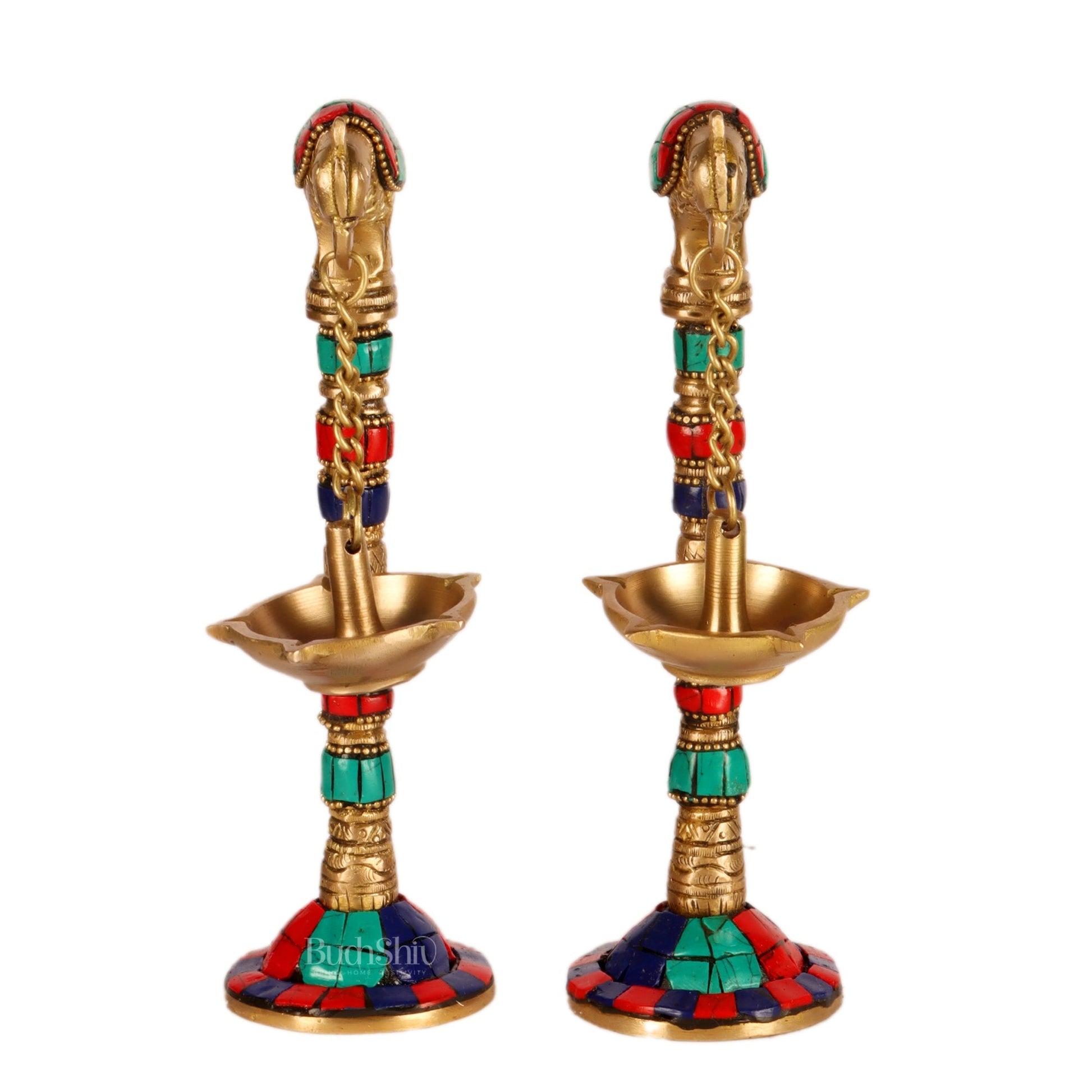 Brass Parrot lamps with stonework 7"