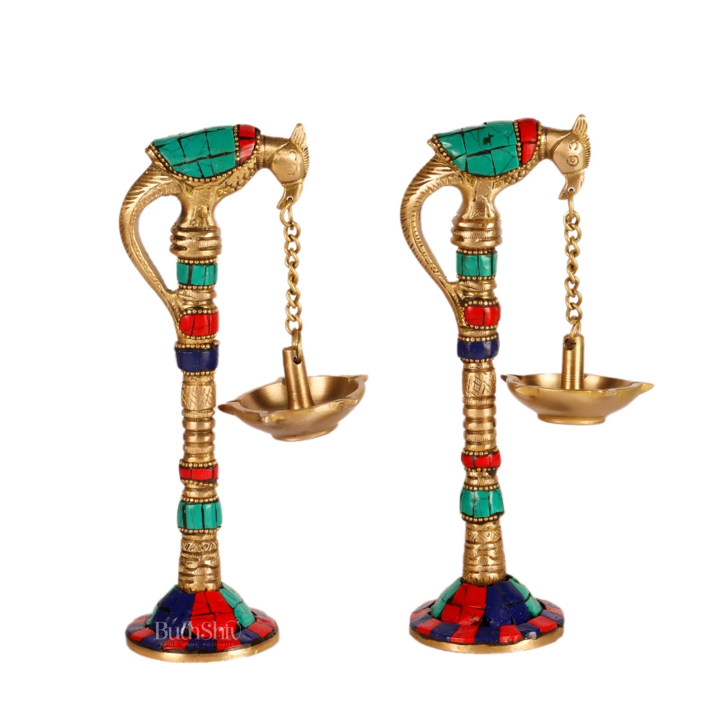 Brass Parrot lamps with stonework 7"
