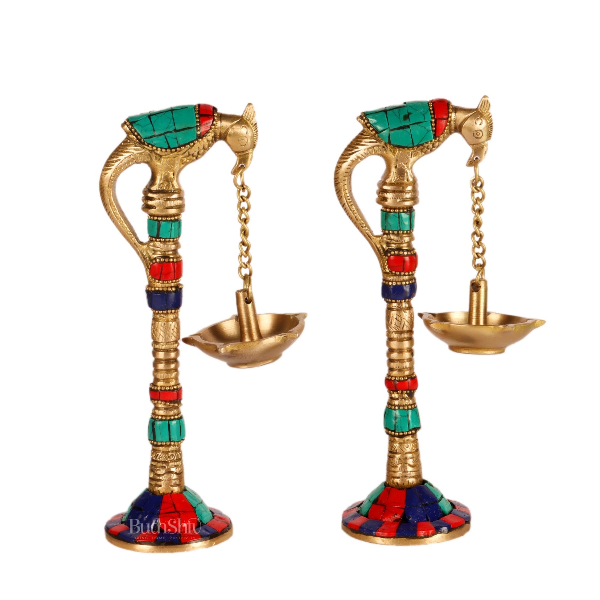 Brass Parrot lamps with stonework 7"