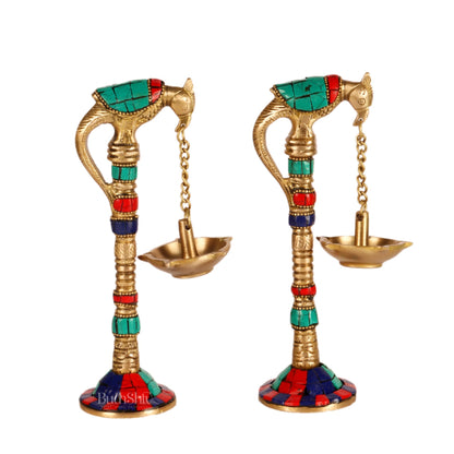 Brass Parrot lamps with stonework 7"