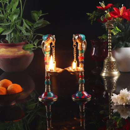 Brass Parrot lamps with stonework 7"