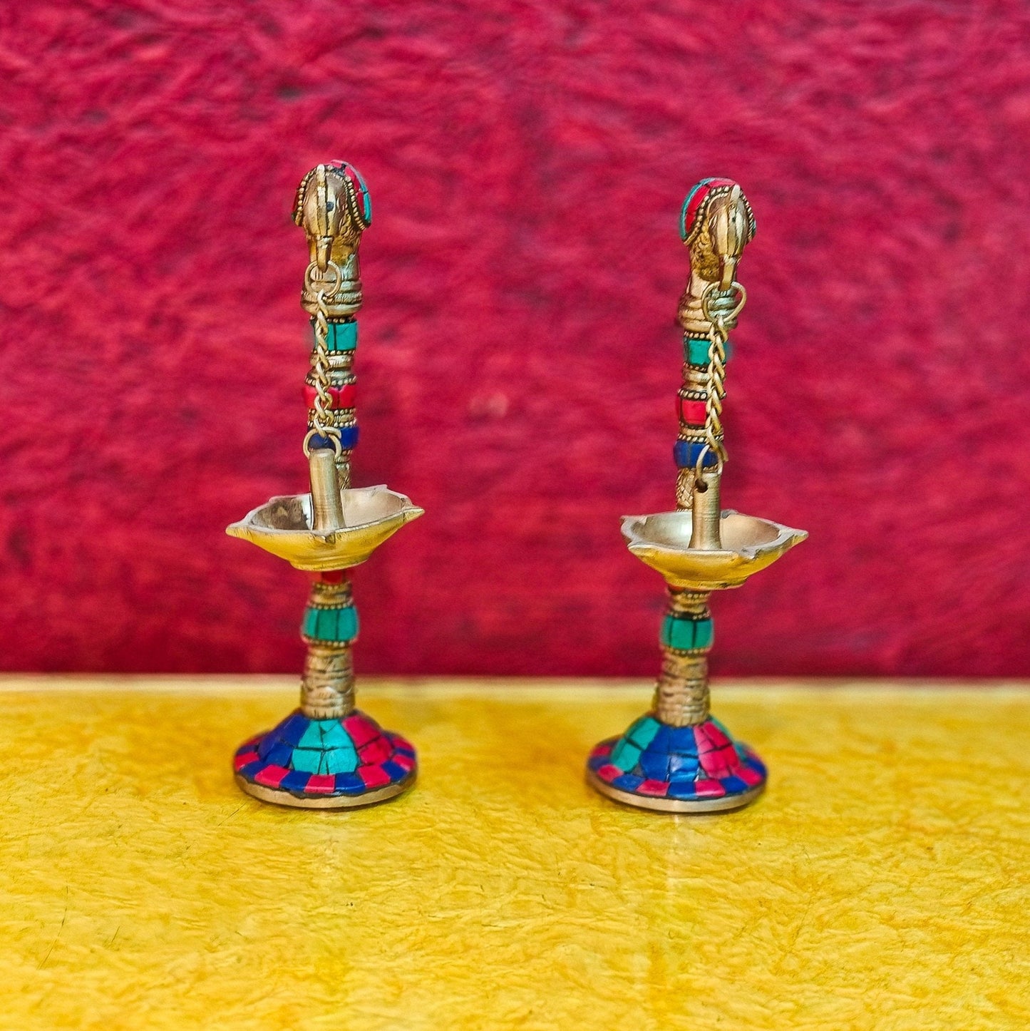 Brass Parrot lamps with stonework 7"