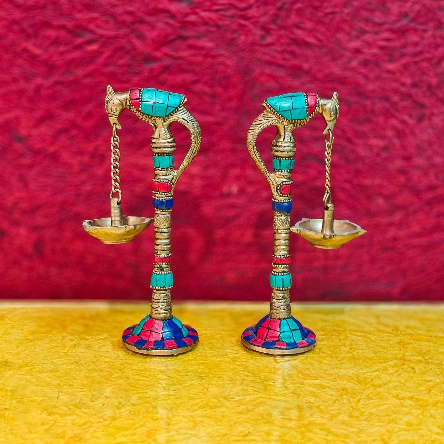 Brass Parrot lamps with stonework 7"