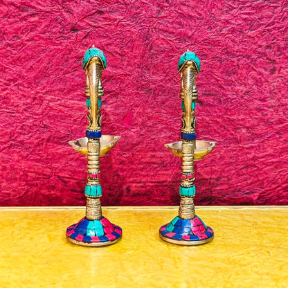 Brass Parrot lamps with stonework 7"