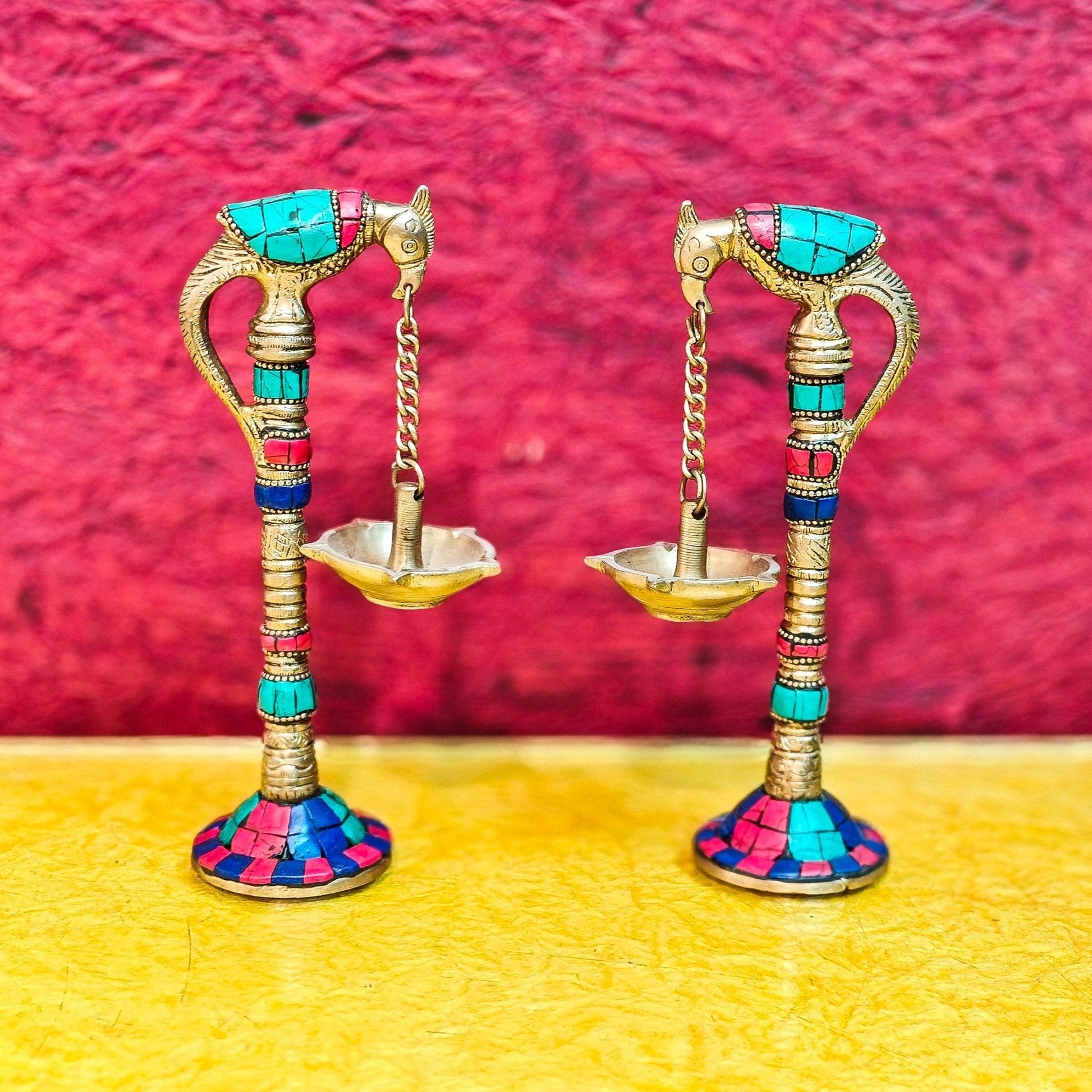 Brass Parrot lamps with stonework 7"