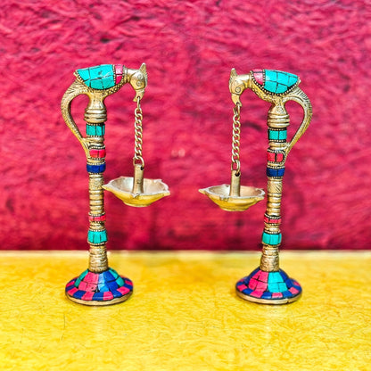 Brass Parrot lamps with stonework 7"