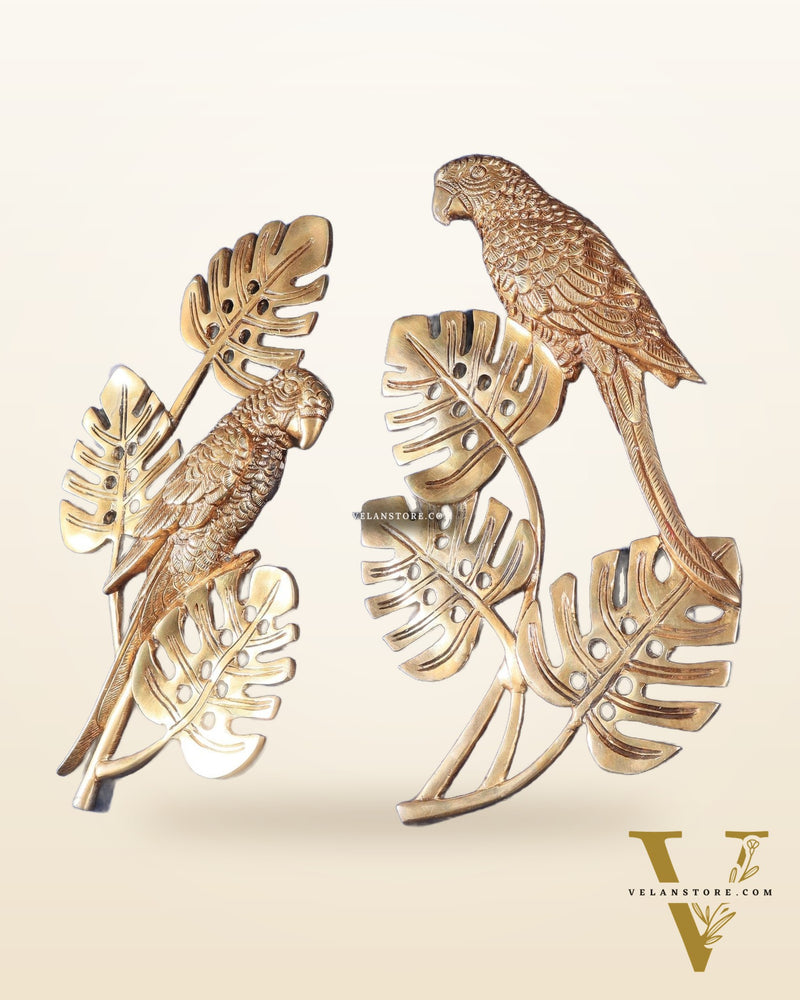 Brass Parrots on a Tropical Tree Wall Hanging 15"