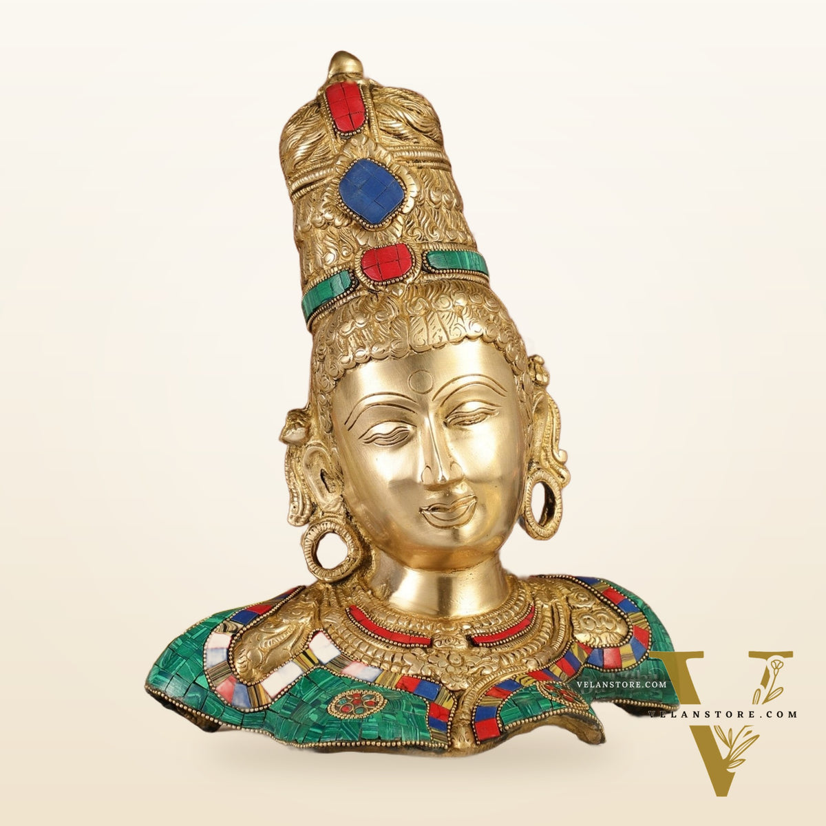 Brass Parvati Bust table accent 12" with stonework