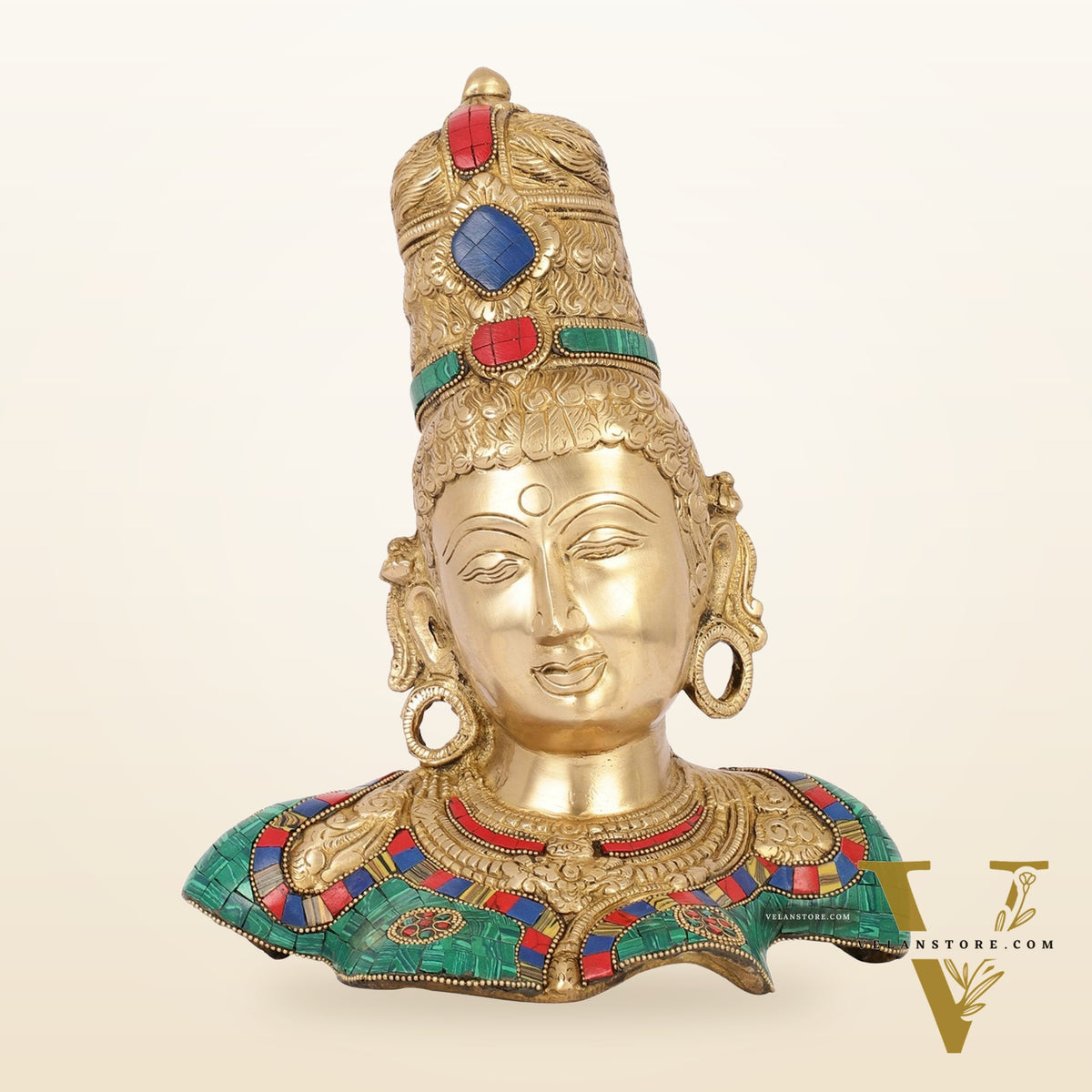 Brass Parvati Bust table accent 12" with stonework