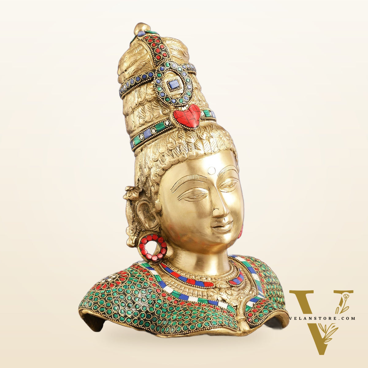 Brass Parvati Bust table accent 12" with stonework