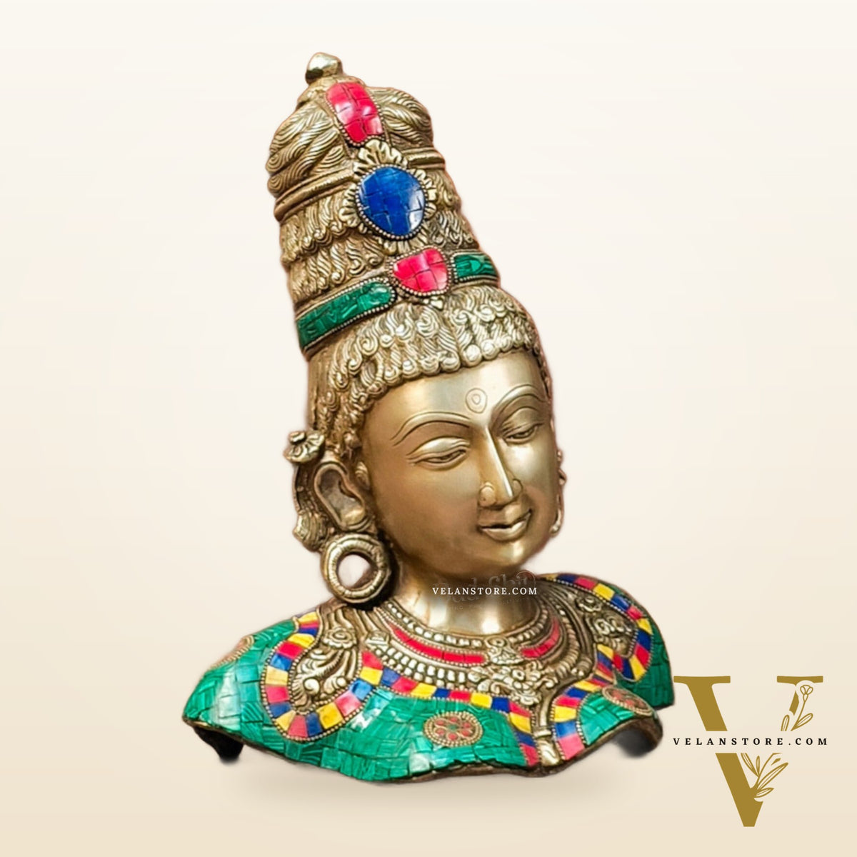 Brass Parvati Bust table accent 12" with stonework