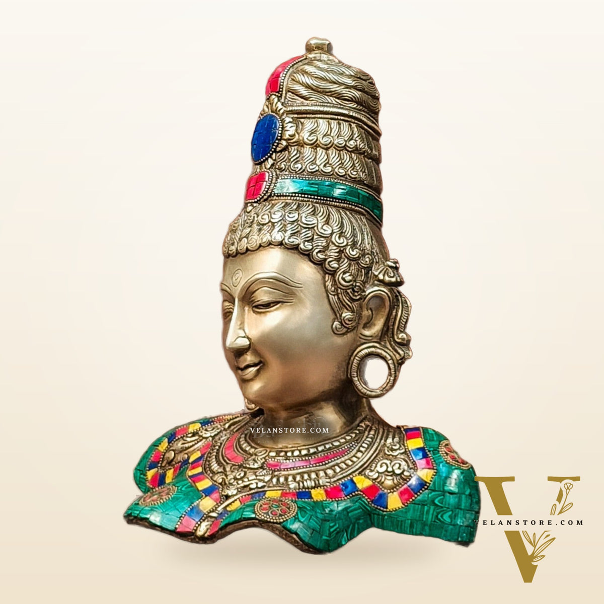Brass Parvati Bust table accent 12" with stonework