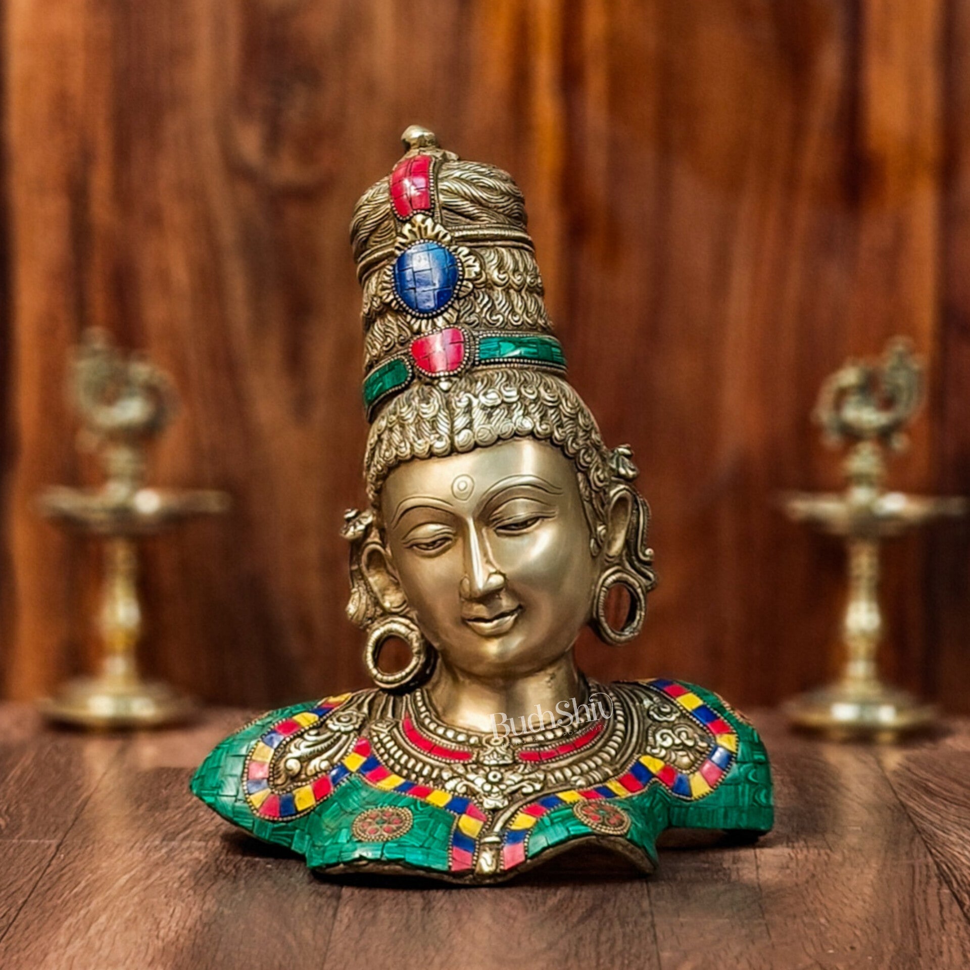 Brass Parvati Bust table accent 12" with stonework