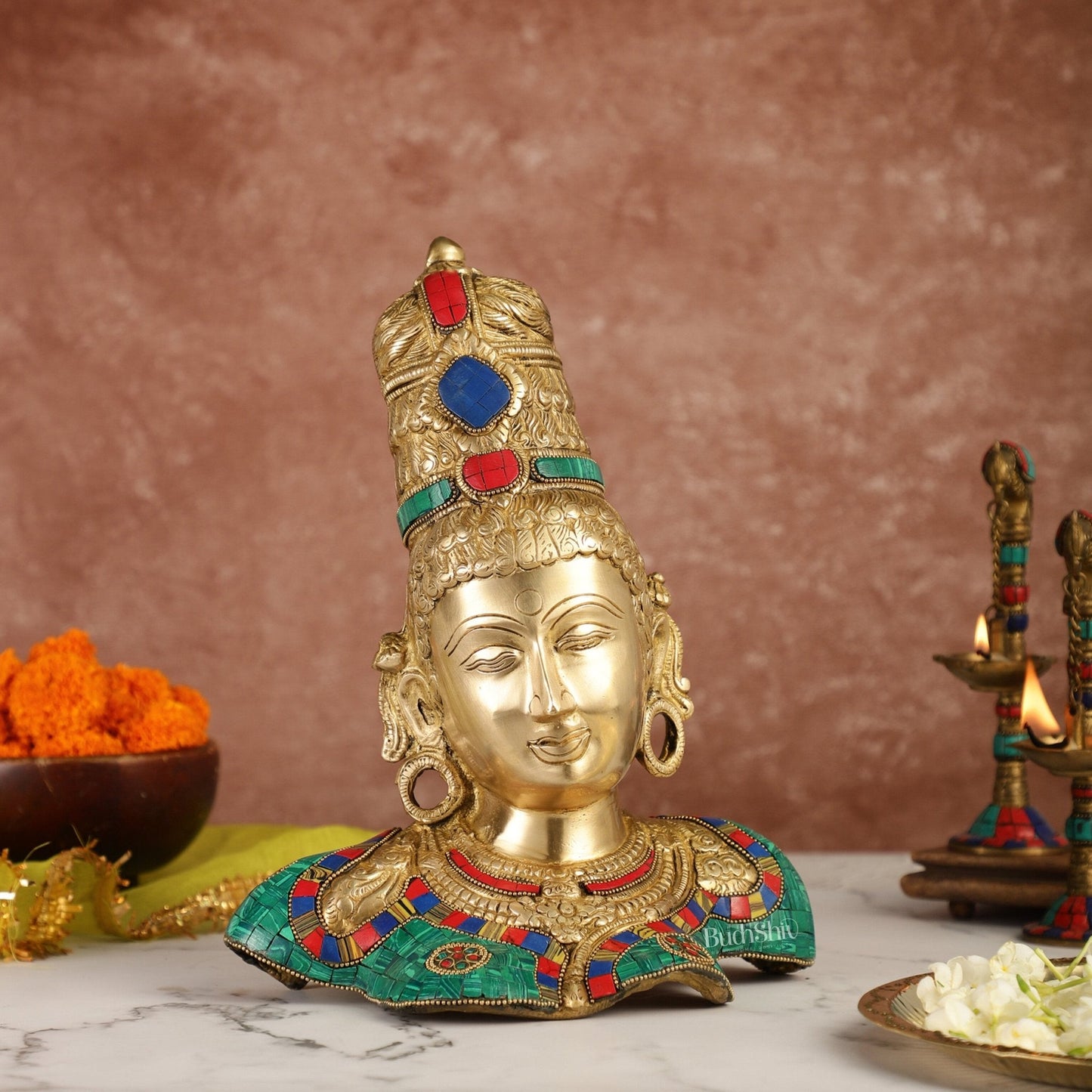 Brass Parvati Bust table accent 12" with stonework