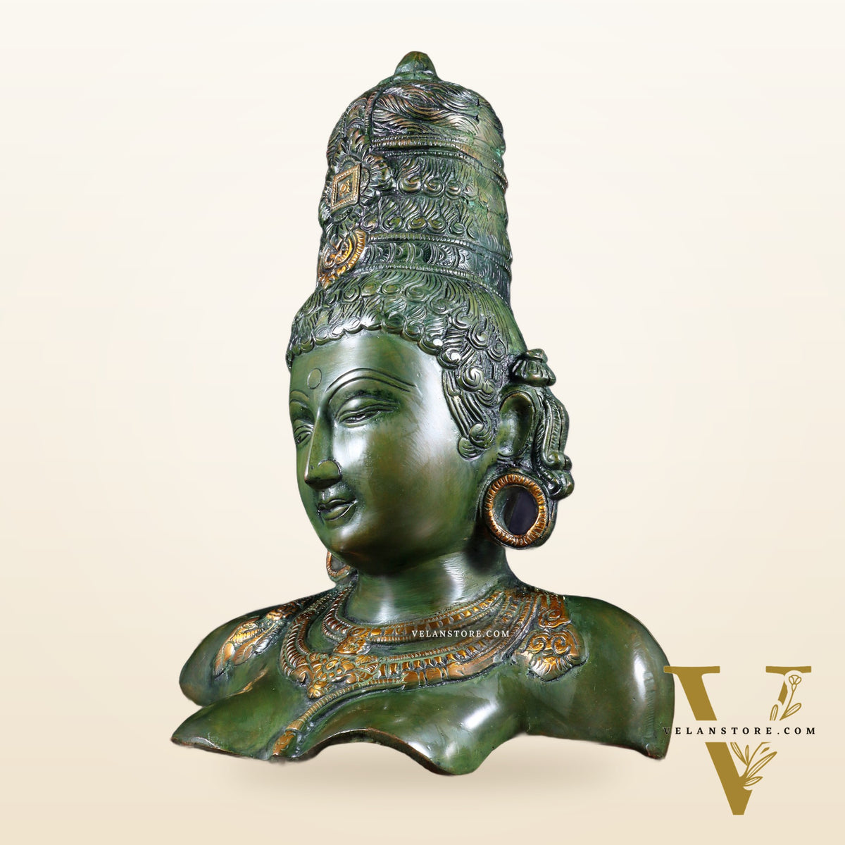 Brass Parvati face Bust table accent 12" vintage green