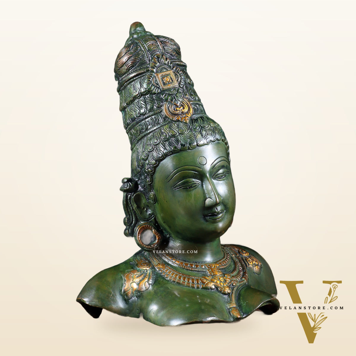 Brass Parvati face Bust table accent 12" vintage green