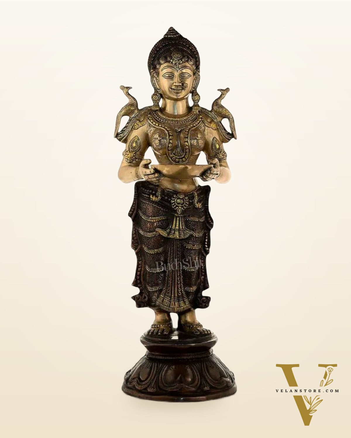 Brass Pavaai Vilakku Deep Lady Statue – 30.5" x 10" x 9.5" | Handcrafted Dual-Tone Elegance