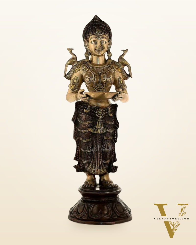 Brass Pavaai Vilakku Deep Lady Statue – 30.5" x 10" x 9.5" | Handcrafted Dual-Tone Elegance