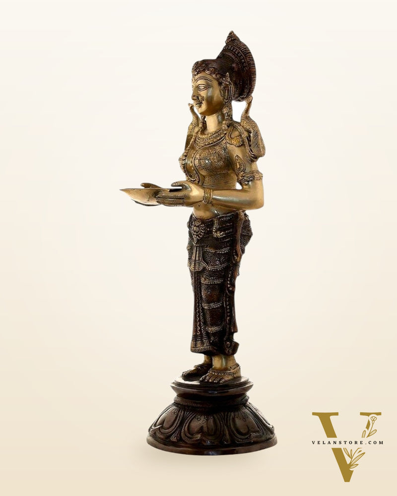 Brass Pavaai Vilakku Deep Lady Statue – 30.5" x 10" x 9.5" | Handcrafted Dual-Tone Elegance