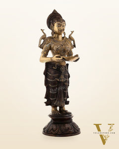 Brass Pavaai Vilakku Deep Lady Statue – 30.5" x 10" x 9.5" | Handcrafted Dual-Tone Elegance