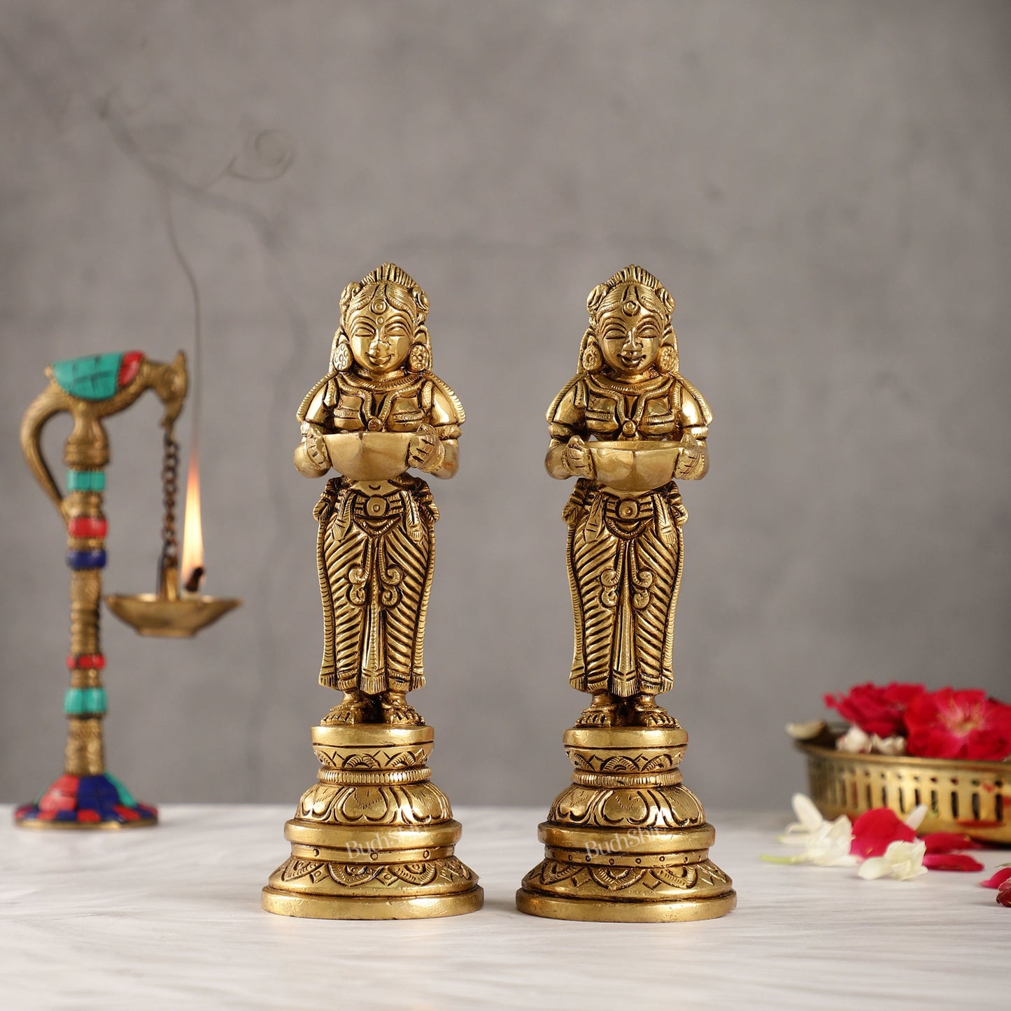 Brass Pavaai Villaku Lamp Pair | Traditional Indian Handcrafted Deep Ladies 8 "