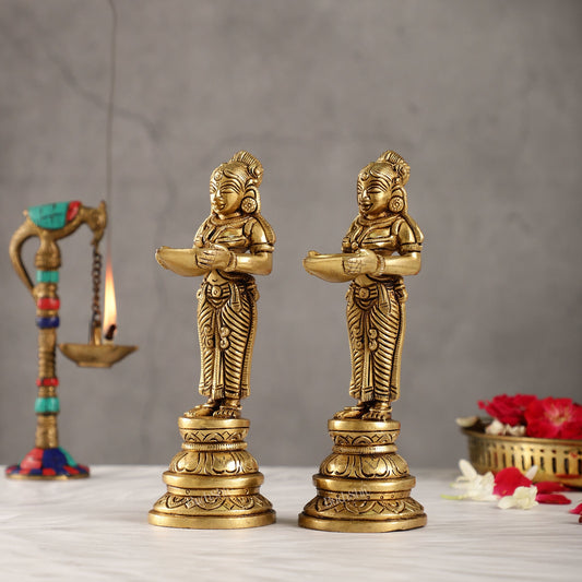 Brass Pavaai Villaku Lamp Pair | Traditional Indian Handcrafted Deep Ladies 8 "