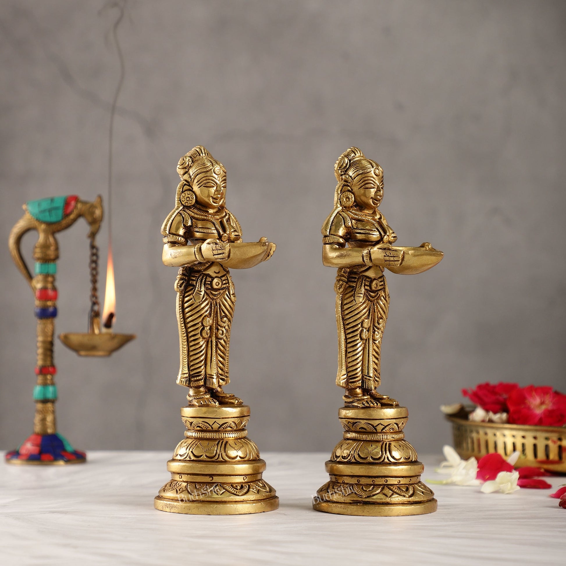 Brass Pavaai Villaku Lamp Pair | Traditional Indian Handcrafted Deep Ladies 8 "