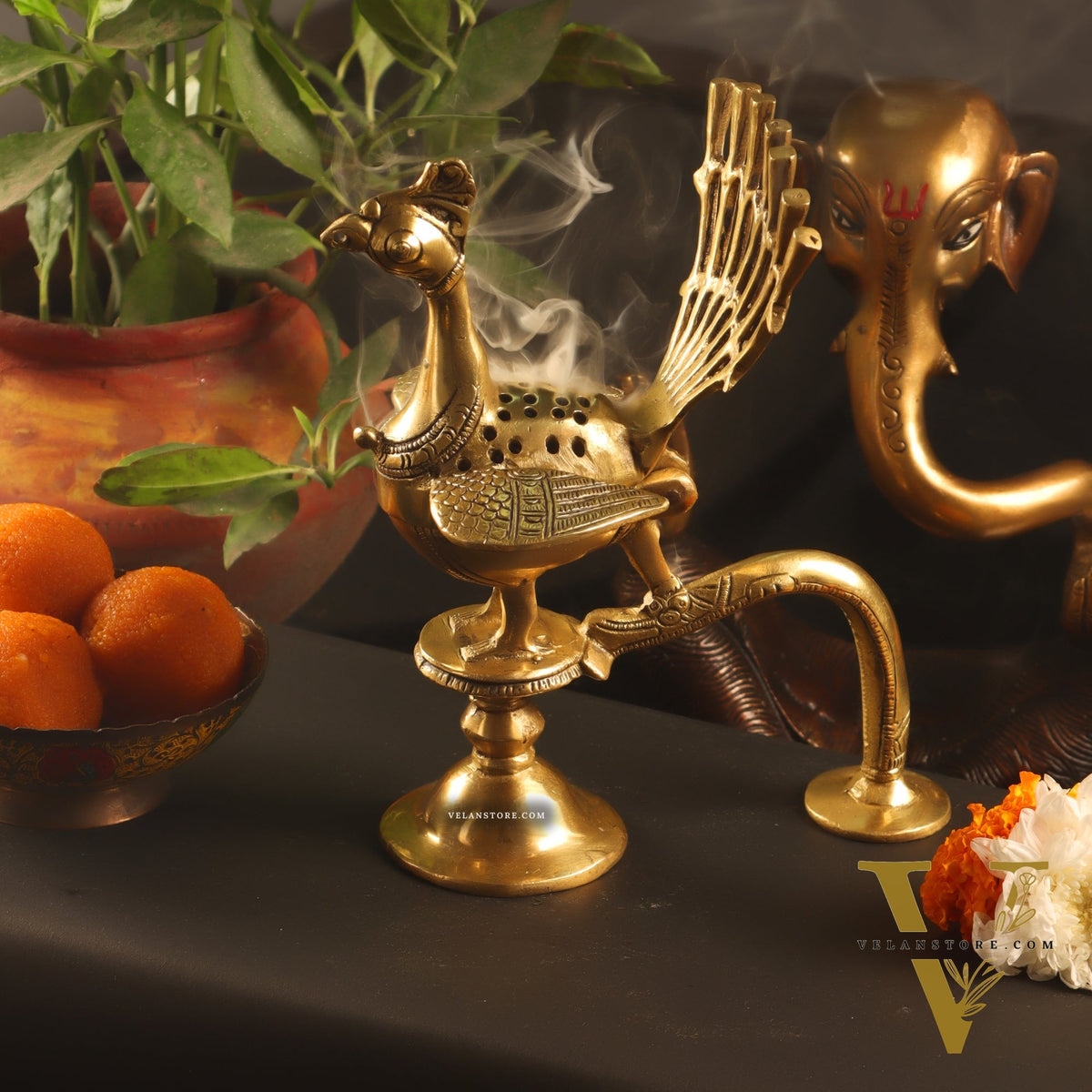 Brass peacock dhoop burner/ dhoop daani burner 8"