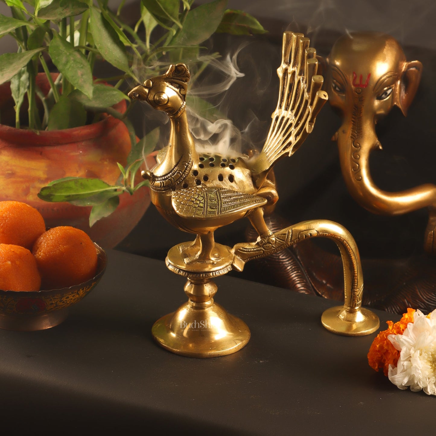 Brass peacock dhoop burner/ dhoop daani burner 8"