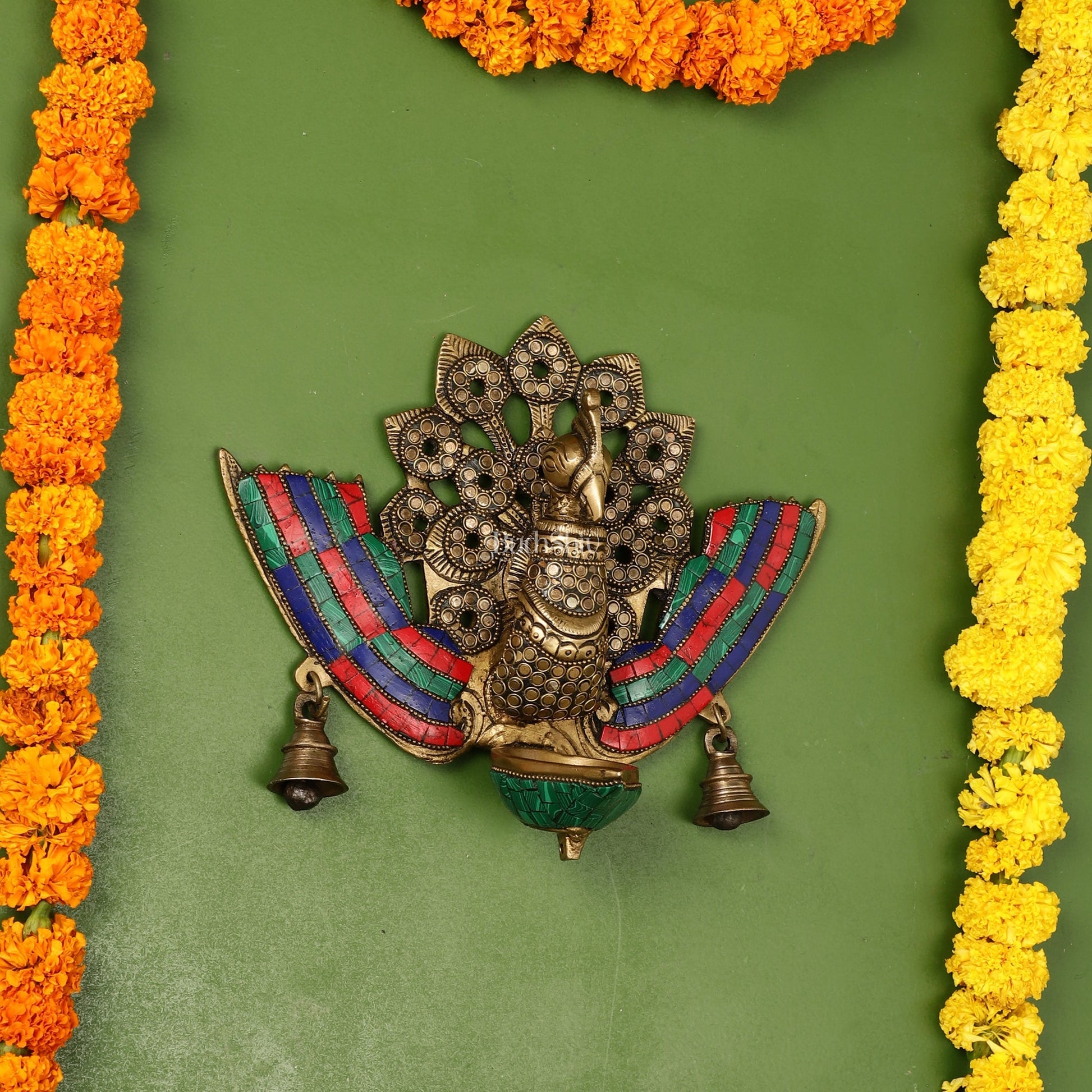 Brass Peacock Diya Oil Lamp Wall Hanging - 10x9x4 Inch