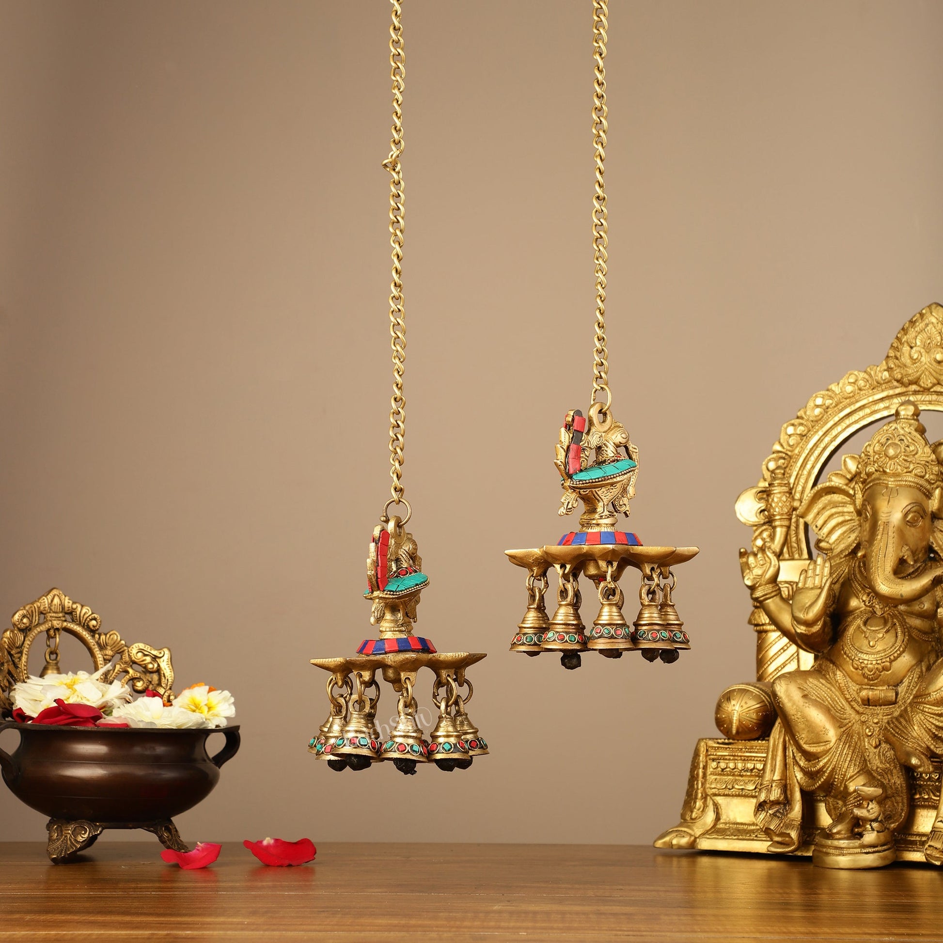 Brass peacock Hanging lamp pair 20"