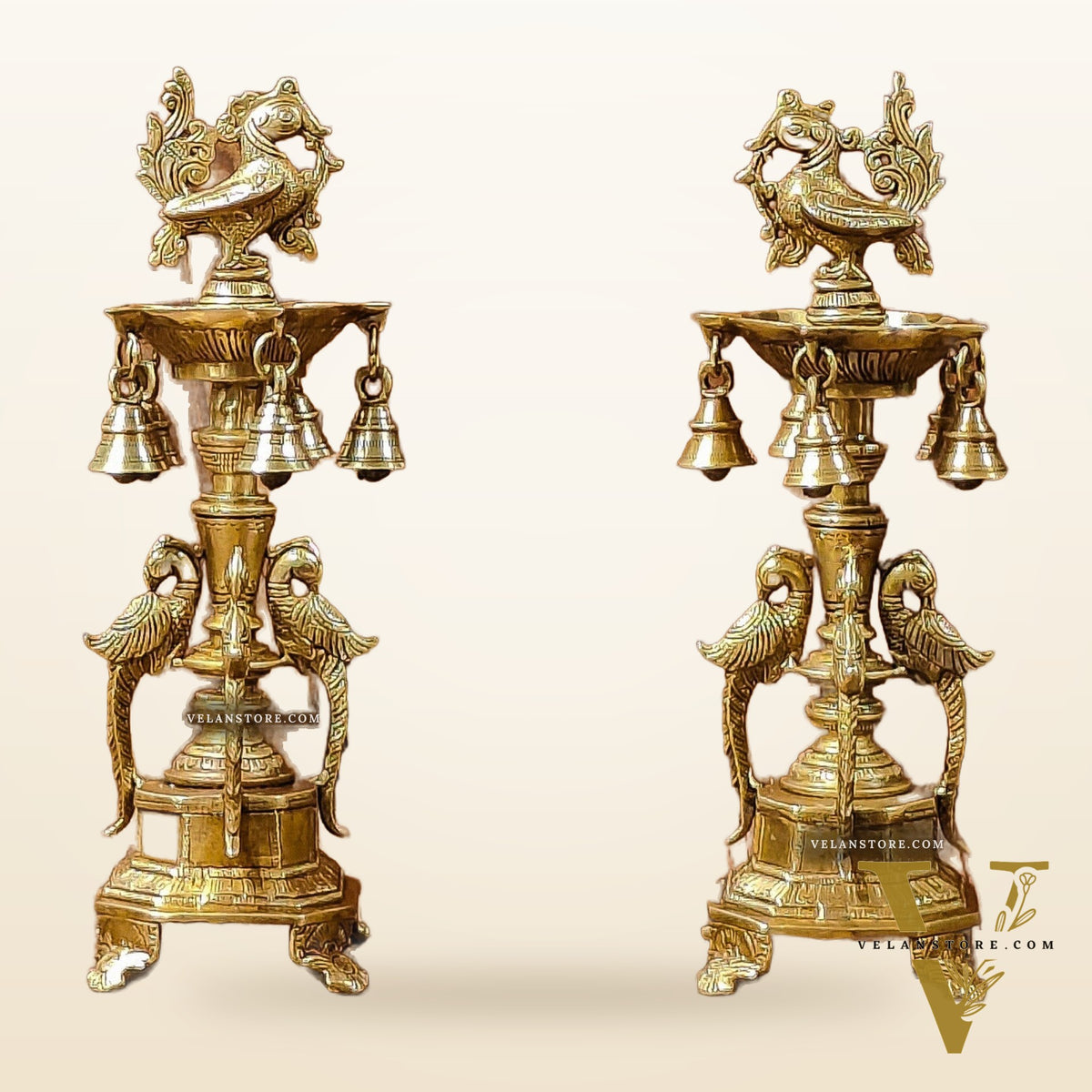 Brass Peacock Lamp with Bells: Exquisite Elegance and Artistry 13"