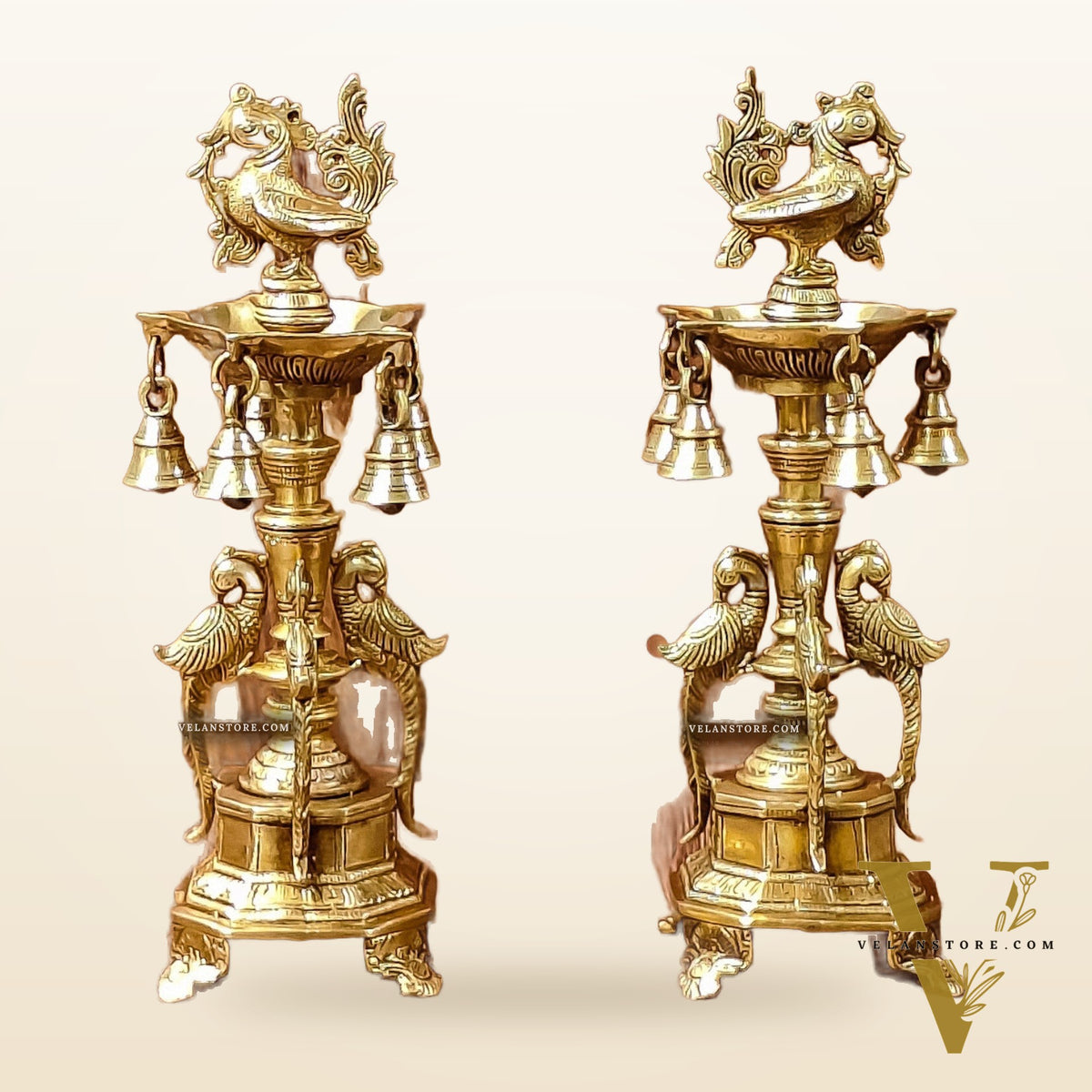 Brass Peacock Lamp with Bells: Exquisite Elegance and Artistry 13"