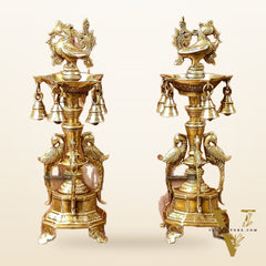 Brass Peacock Lamp with Bells: Exquisite Elegance and Artistry 13"