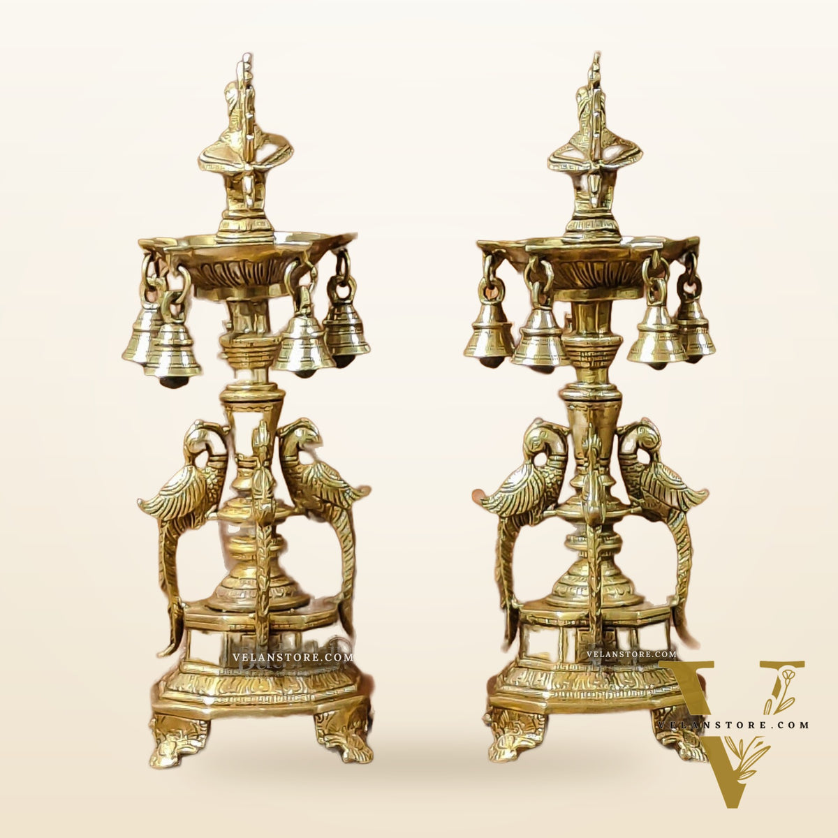 Brass Peacock Lamp with Bells: Exquisite Elegance and Artistry 13"
